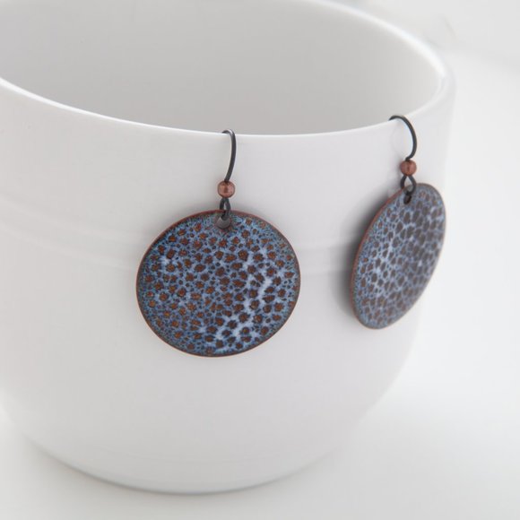 Handmade Copper Enamel Earrings Pierced Dangle Round Boho Rustic Handcrafted - Picture 4 of 11